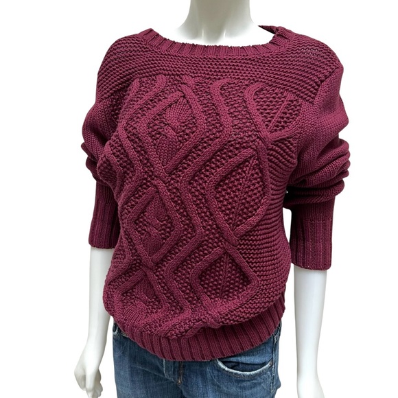 DRIFTER Cable Knit Sweater Boyfriend Fisherman Lagenlook Coastal Merlot Cozy L - Picture 1 of 16